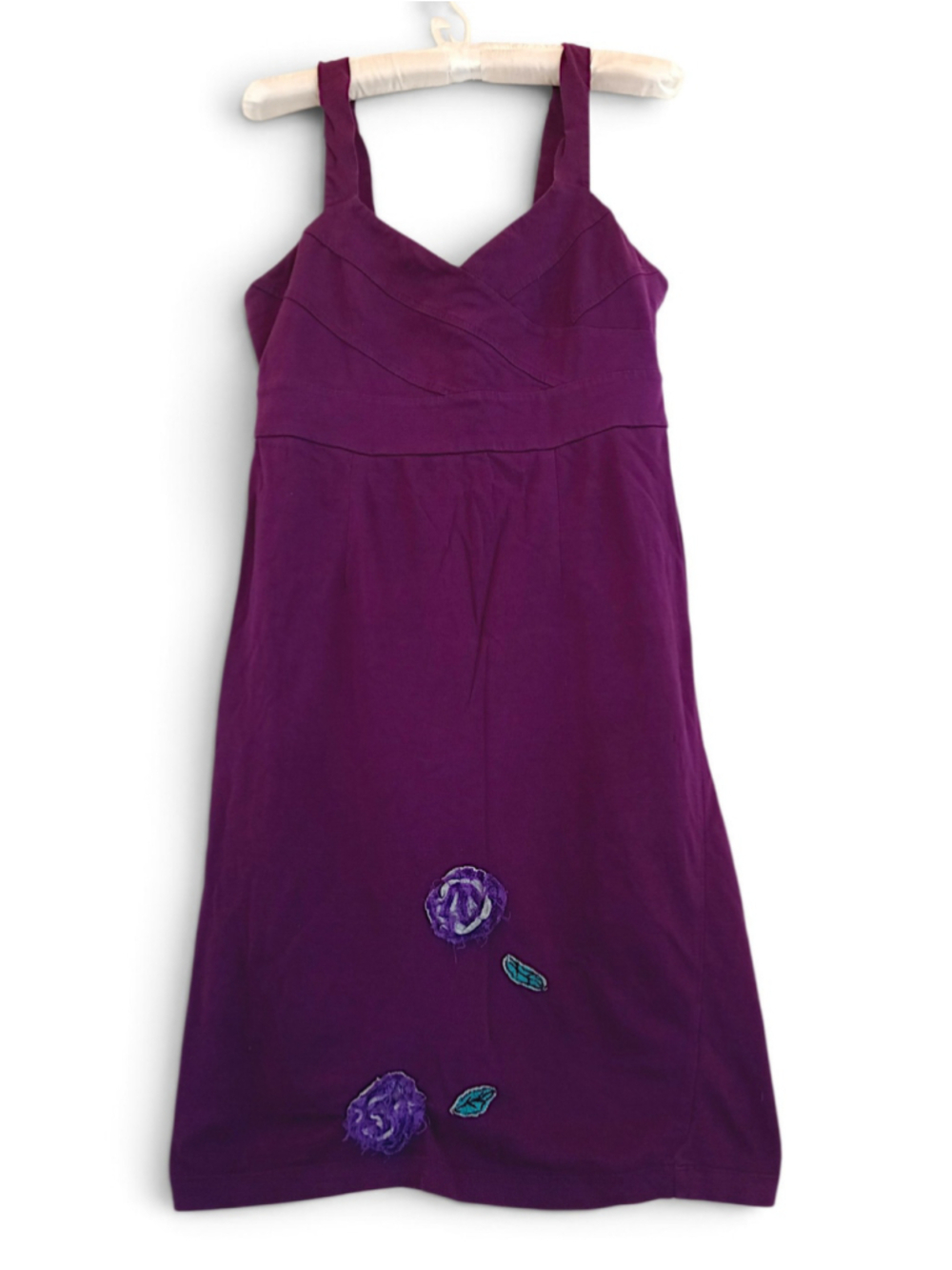 Purple Rose Mini Dress 3D Flower Applique Size M Embroidered Boho Soft Stretchy